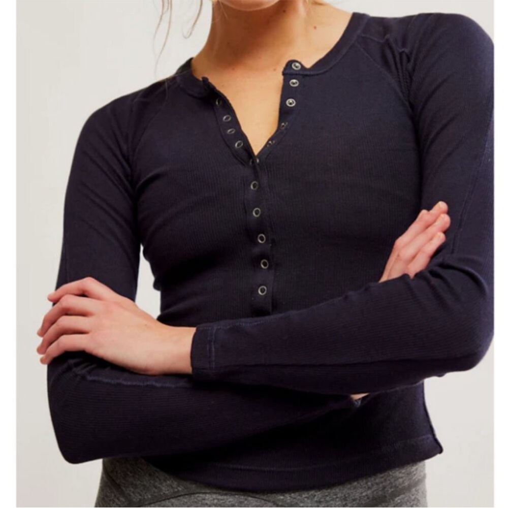 Free People Movement Kick Off Layer Black Long Sleeve Henley Top Size XS